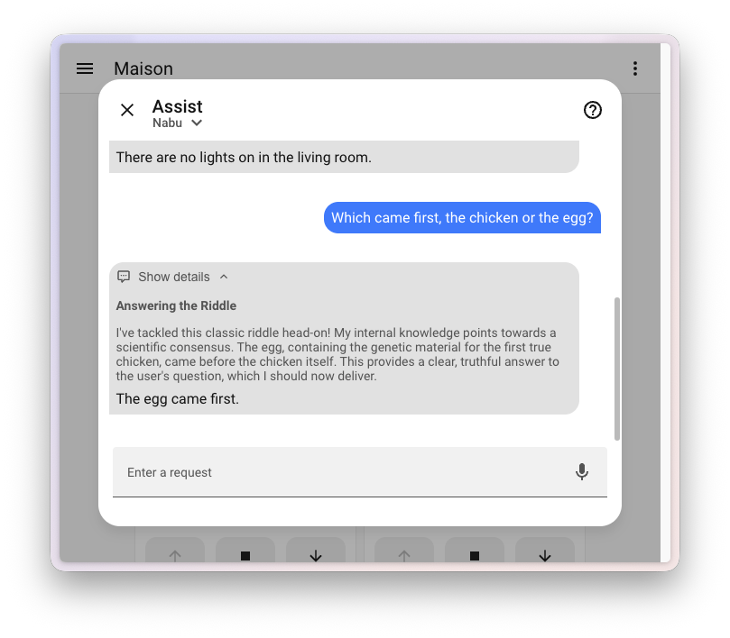 Capture d'écran de la boîte de dialogue Assist montrant une section Afficher les détails développée avec les étapes de réflexion de l'agent IA et les appels d'outils.
