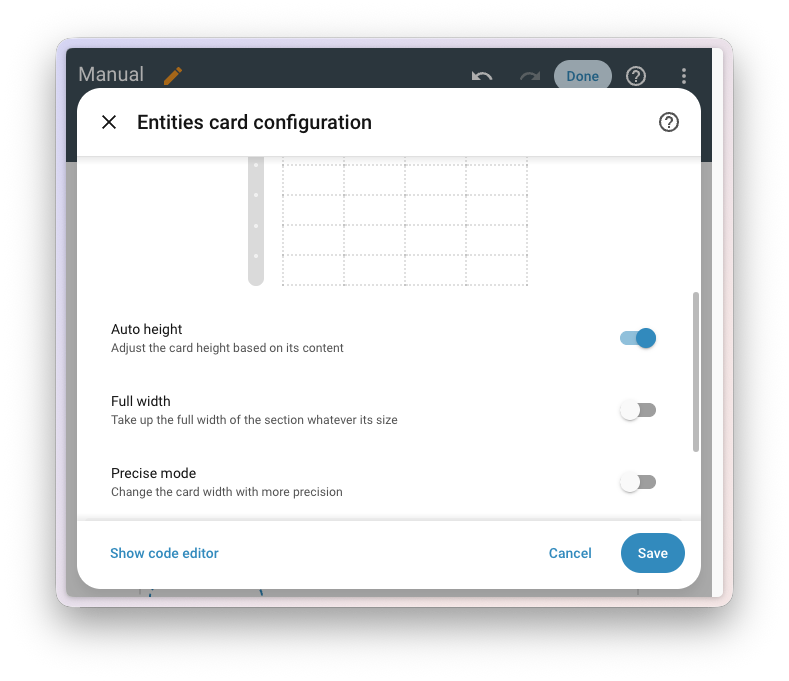 Capture d'écran de l'éditeur de disposition de carte montrant l'option Hauteur automatique activée, ainsi que les options Pleine largeur et Mode précis.
