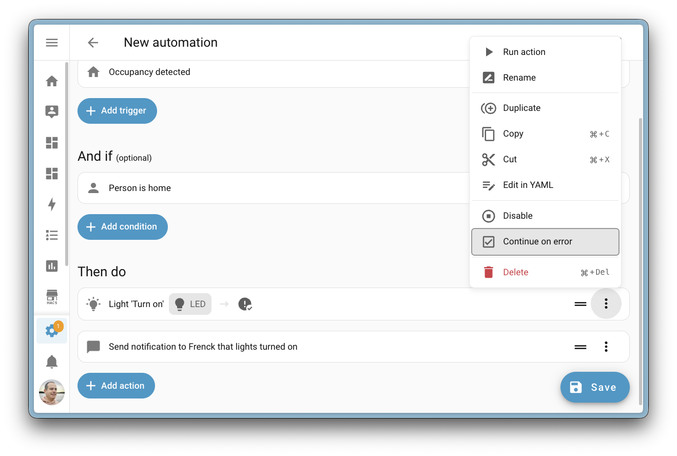 Capture d'écran de l'éditeur d'automatisation montrant l'option Continuer en cas d'erreur.