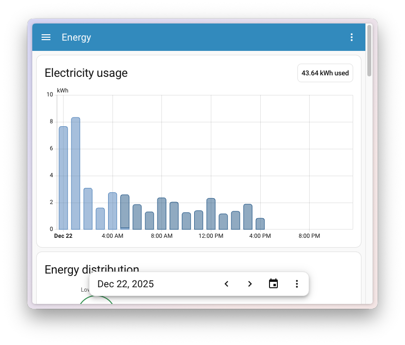 Capture d'écran montrant le tableau de bord Énergie avec le sélecteur de date fixé en bas de l'écran.