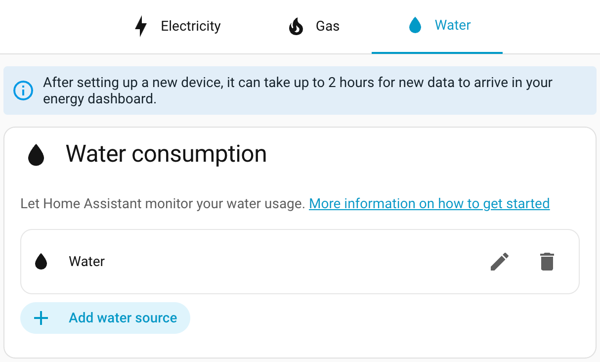 Capture d'écran des nouveaux onglets dans la page des paramètres du tableau de bord Énergie.