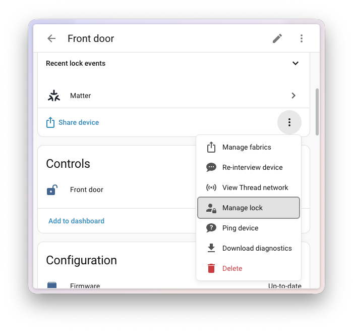Capture d'écran de la boîte de dialogue de gestion de serrure Matter montrant une liste d'utilisateurs de serrure configurés et leurs identifiants.