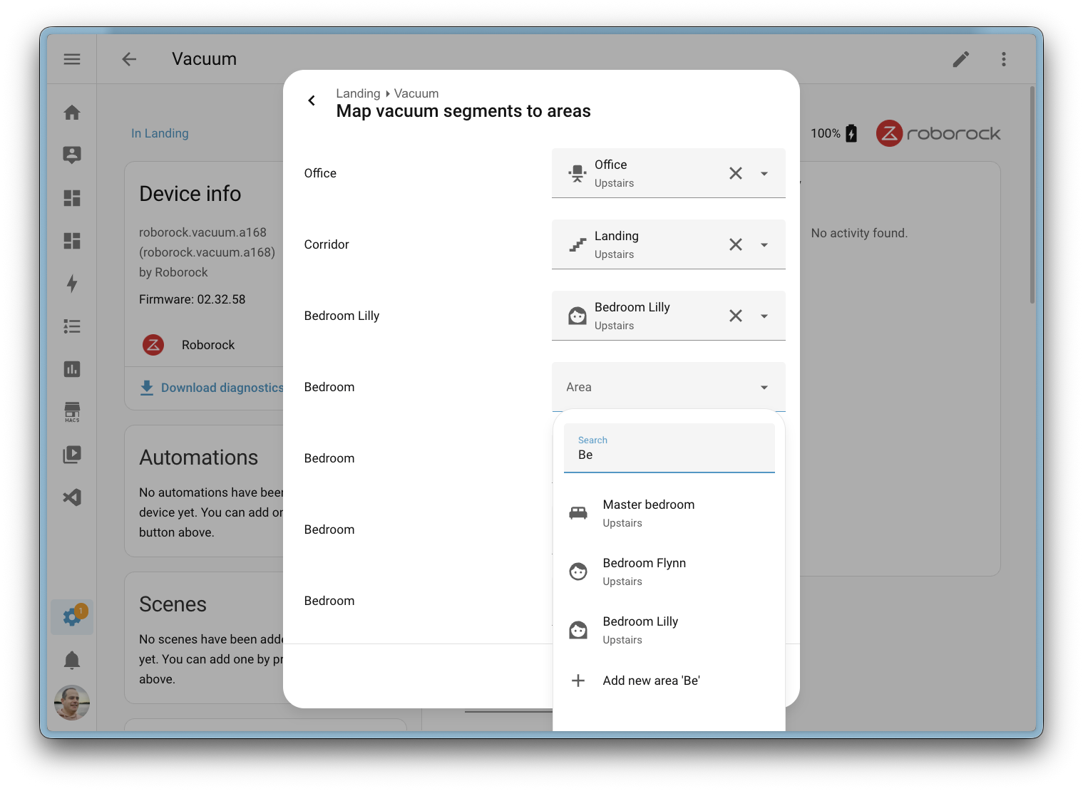 Capture d'écran de la boîte de dialogue d'association des zones de l'aspirateur, permettant d'associer les segments de l'aspirateur aux zones Home Assistant.