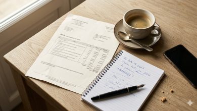 Devis de piscine coque polyester signé posé sur une table en bois, accompagné d'une tasse de café, d'un carnet de notes manuscrites et d'un smartphone, ambiance de réflexion matinale sur l'intégration domotique
