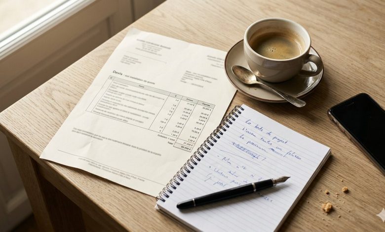 Devis de piscine coque polyester signé posé sur une table en bois, accompagné d'une tasse de café, d'un carnet de notes manuscrites et d'un smartphone, ambiance de réflexion matinale sur l'intégration domotique
