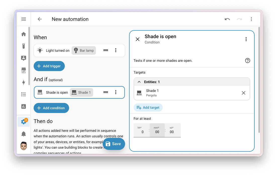 Capture d'écran d'une condition spécifique par usage dans l'éditeur d'automatisation avec le nouveau champ de durée.