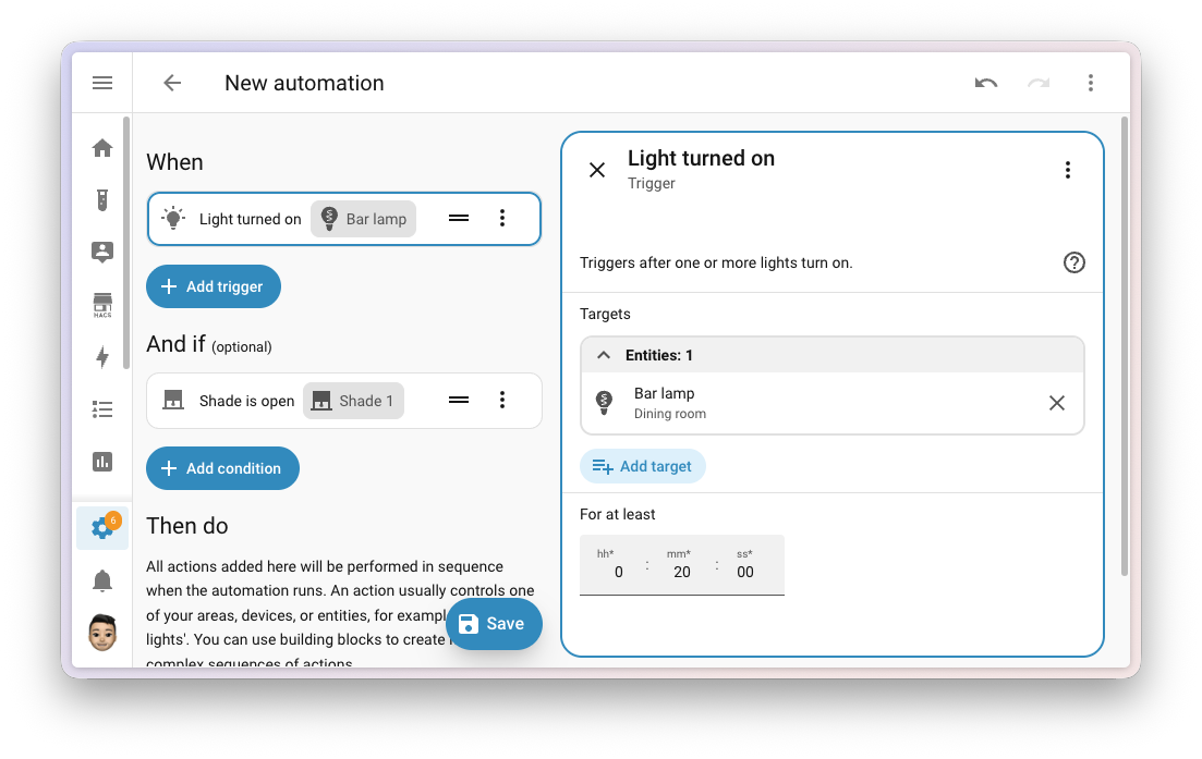 Capture d'écran d'un déclencheur spécifique par usage dans l'éditeur d'automatisation avec le nouveau champ de durée.