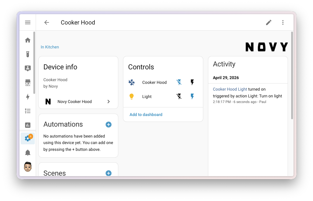 Capture d'écran d'une page d'appareil contrôlé par RF dans Home Assistant, montrant les contrôles et l'activité récente.
