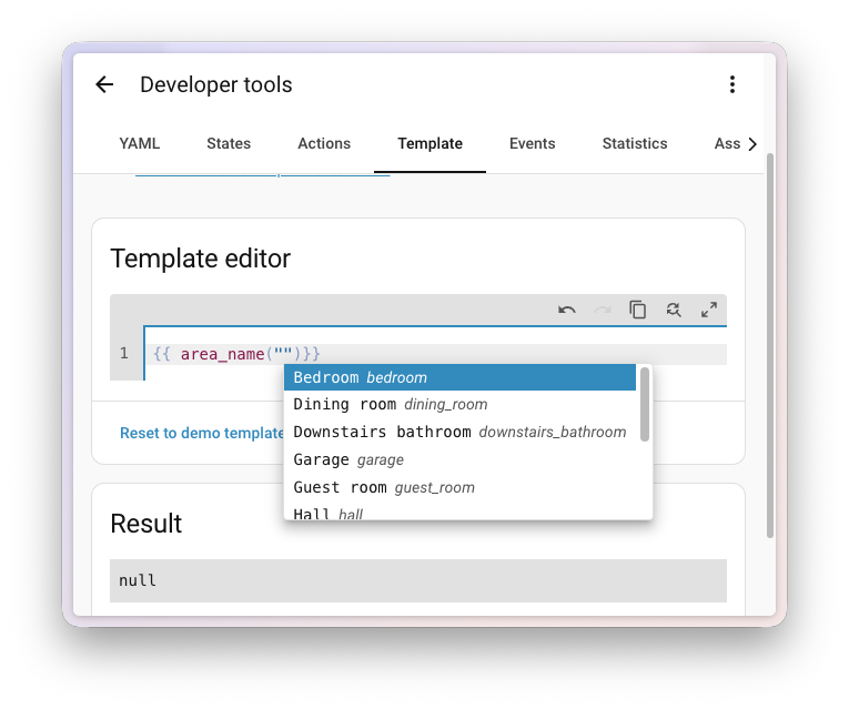 Capture d'écran de l'éditeur de template montrant l'autocomplétion pour les ID de zones.