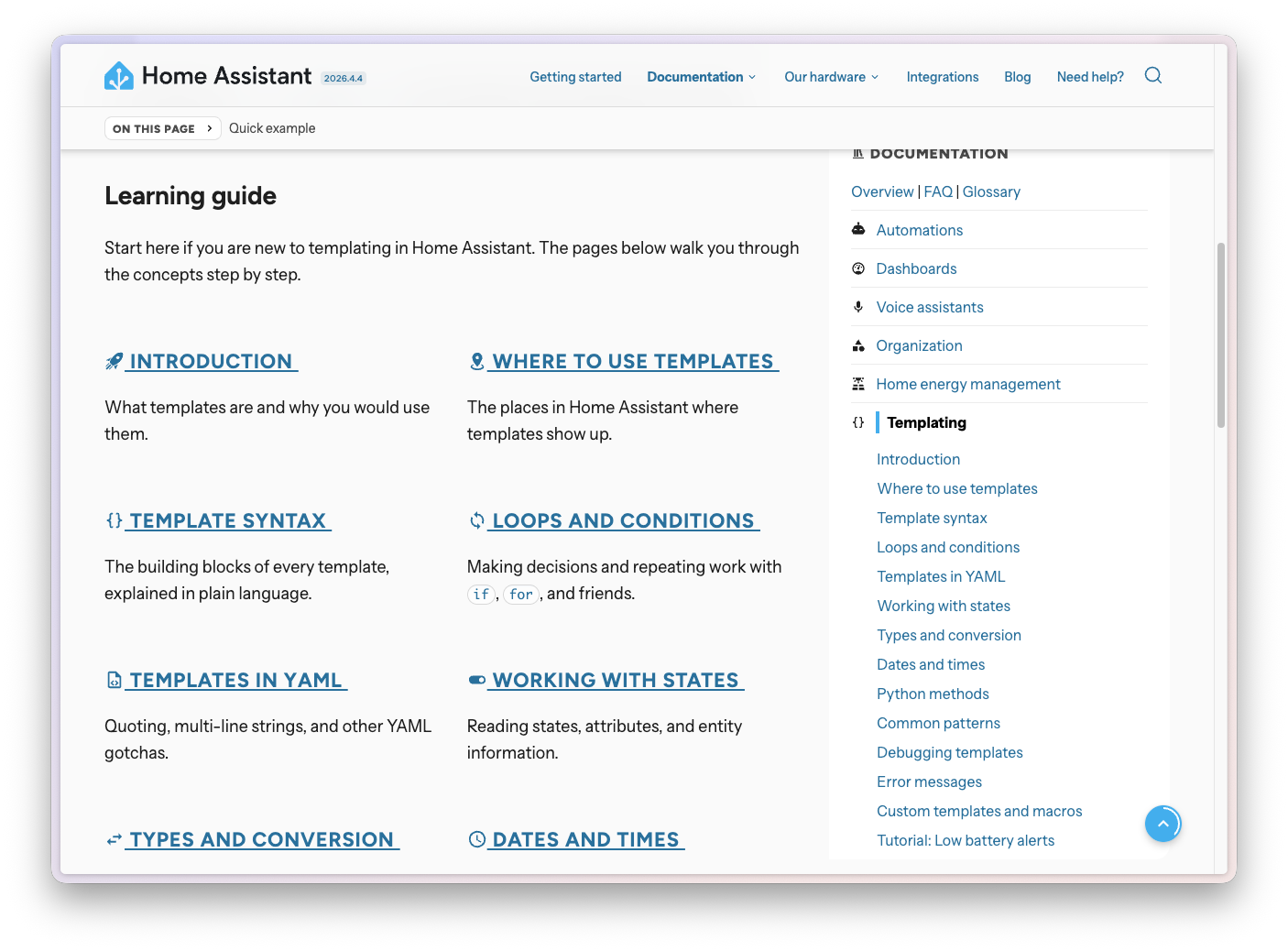 Capture d'écran de la nouvelle page d'accueil de la documentation de templating avec le guide d'apprentissage.
