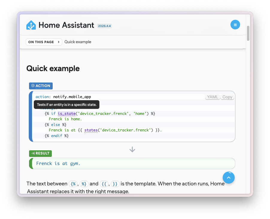 Capture d'écran de la nouvelle documentation de templating montrant une info-bulle de fonction interactive et un bloc d'exemple entrée/sortie.