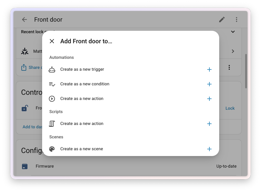 Capture d'écran de la nouvelle boîte de dialogue Ajouter à sur une page d'appareil, offrant des raccourcis pour créer une automation comme déclencheur, condition ou action, un script ou une scène.