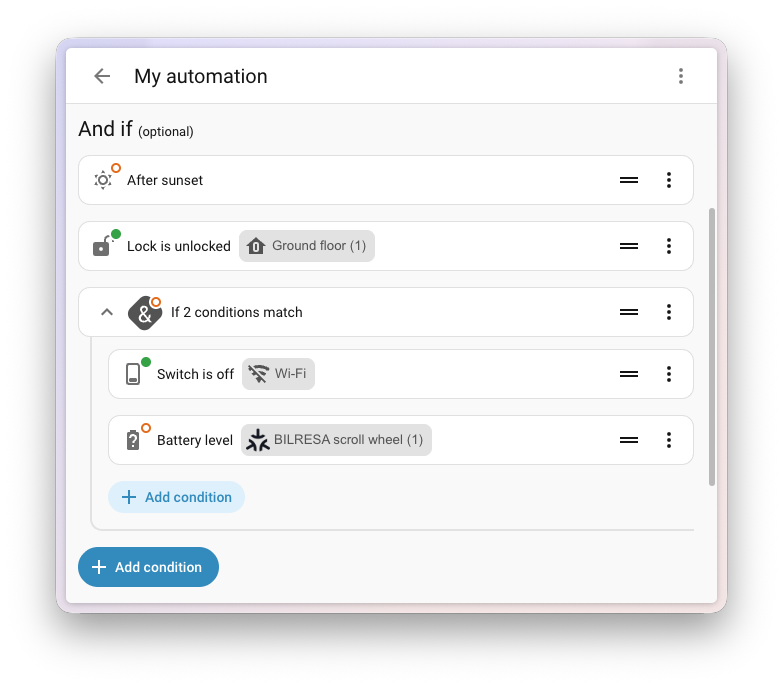 Capture d'écran d'une ligne de condition d'automation avec un badge d'indicateur de test en direct sur l'icône de condition.