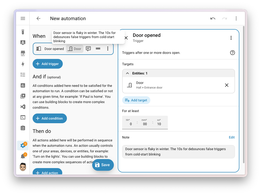 Capture d'écran d'une ligne de déclencheur d'automation avec une petite icône de note, montrant la note dans une info-bulle au survol.