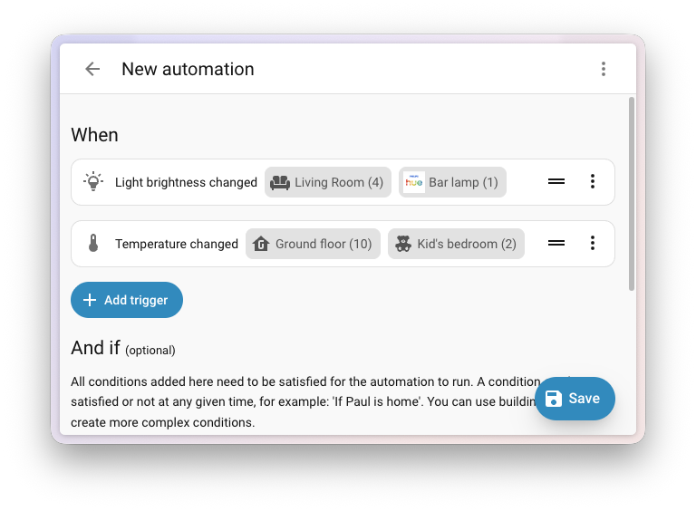 Capture d'écran d'une ligne d'automation montrant le nombre d'entités à côté de chaque cible d'appareil et de pièce.