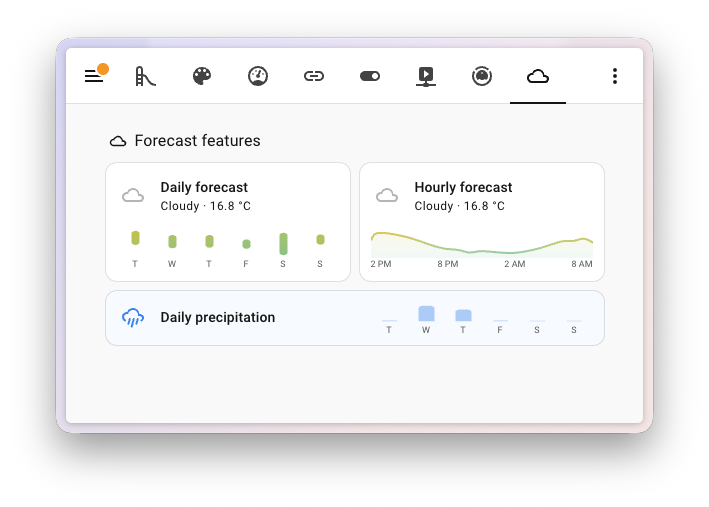 Capture d'écran de cartes tuile météo montrant les fonctionnalités de prévisions de température et de précipitations.
