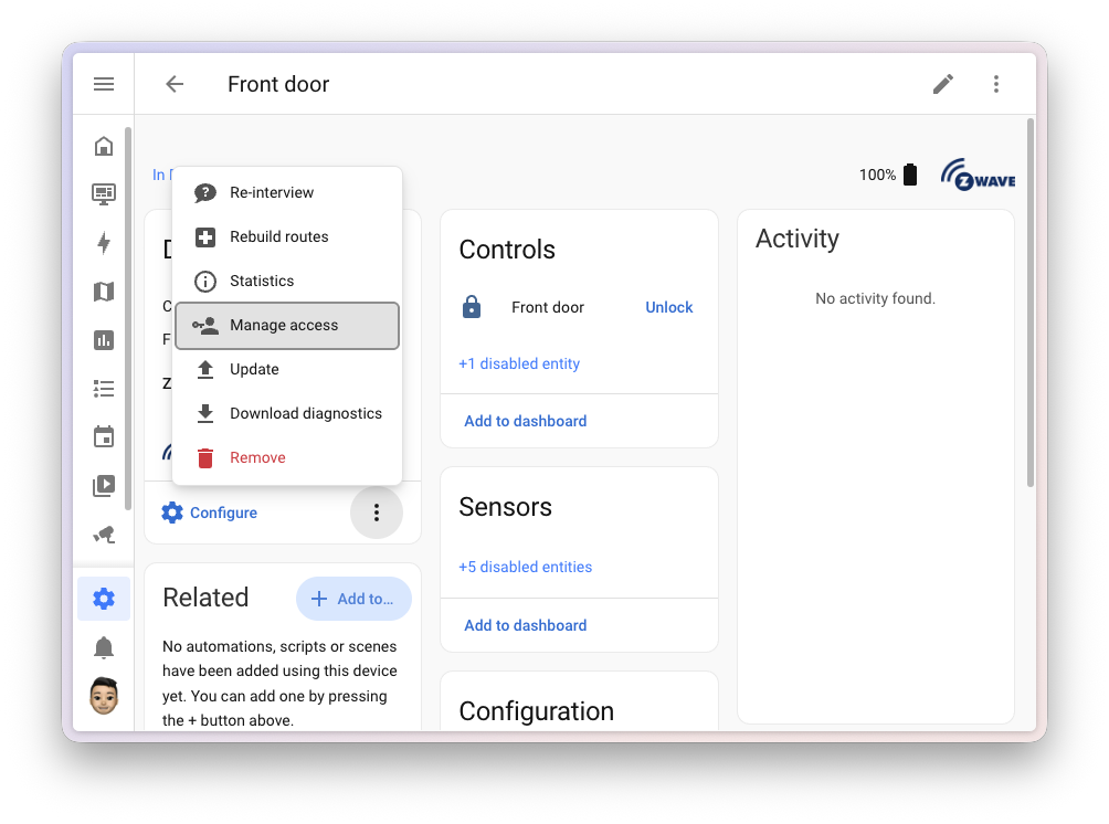 Capture d'écran de la page d'appareil d'une serrure connectée Z-Wave avec la nouvelle option Gérer les accès dans le menu.