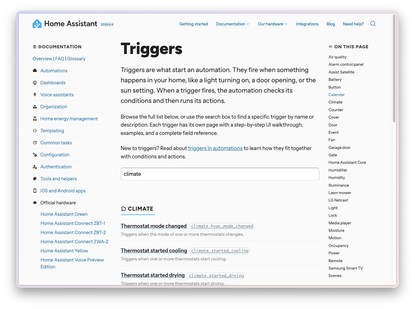 Capture d'écran d'une page de documentation de déclencheur, expliquant ce que fait le bloc de construction, comment l'utiliser dans l'interface utilisateur, et à quoi il ressemble en YAML.