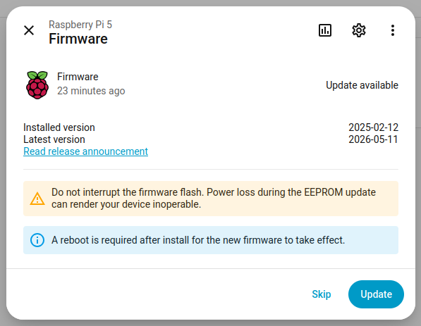 Capture d'écran de l'entité de mise à jour du firmware Raspberry Pi sur la page Paramètres, Mises à jour.