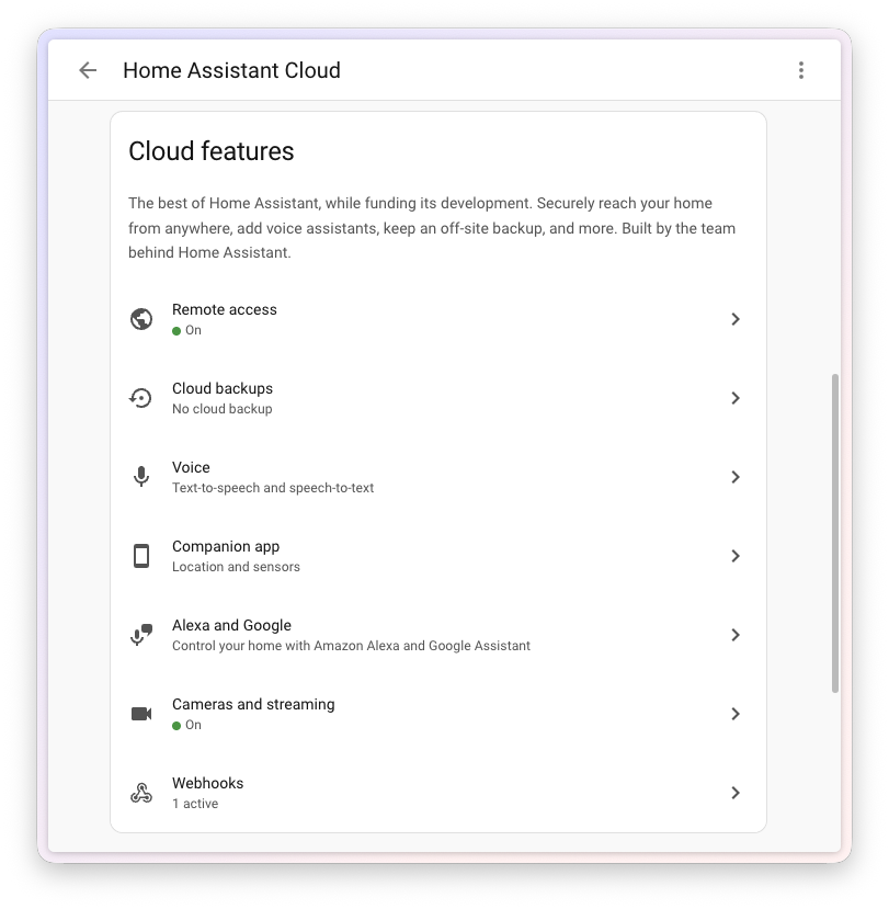 Capture d'écran de la partie inférieure de la page Home Assistant Cloud redessinée, montrant plus de fonctionnalités cloud et leurs paramètres.