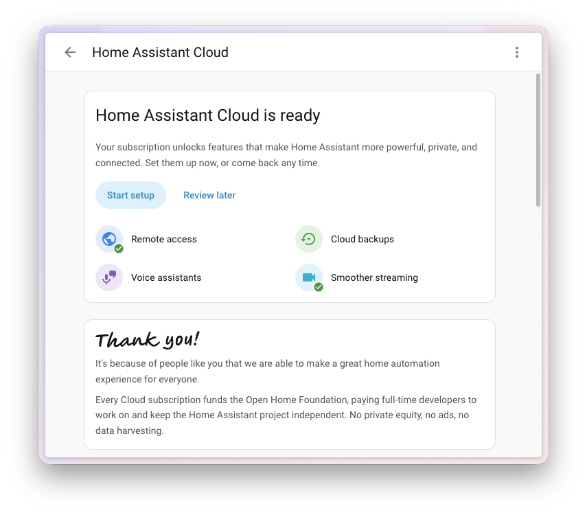 Capture d'écran du haut de la page Home Assistant Cloud redessinée, montrant l'aperçu avec chaque fonctionnalité cloud dans son propre espace.