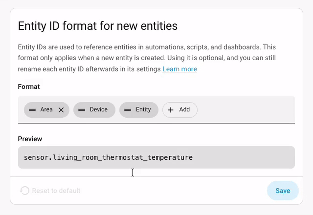 Enregistrement d'écran montrant comment renommer un ID d'entité et modifier son ordre dans l'interface Home Assistant.