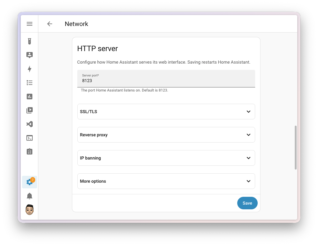 Capture d'écran des paramètres du serveur web dans l'interface Home Assistant, montrant les options pour le port, la connexion réseau sur laquelle écouter, et les proxies de confiance.