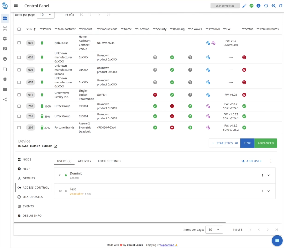 Le nouvel onglet Contrôle d'accès dans Z-Wave JS UI, montrant les utilisateurs et leurs identifiants