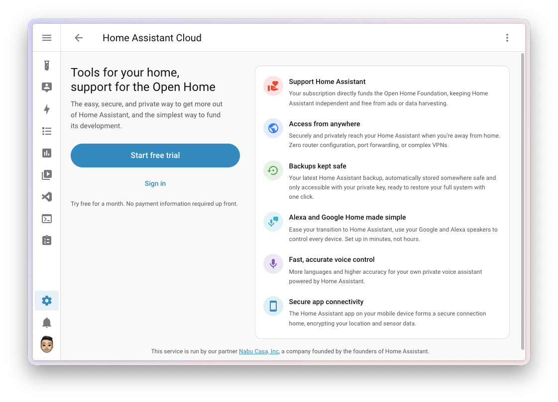 Capture d'écran de la page de démarrage repensée de Home Assistant Cloud, avec un bouton pour commencer un essai gratuit, un lien pour se connecter, et un aperçu de ce qu'offre Home Assistant Cloud.