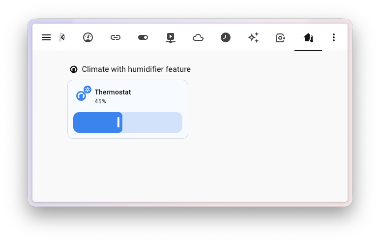Capture d'écran de la fonctionnalité d'humidité cible sur une carte tuile pour un thermostat, avec un curseur d'humidité.